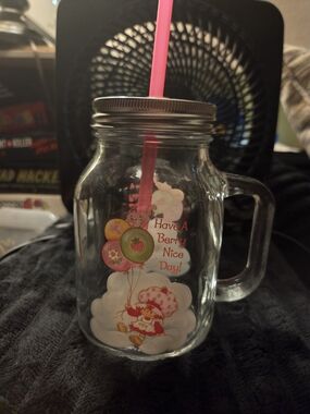 Strawberry-Themed Pink Mason Jar Handle Cup with Lid & Straw